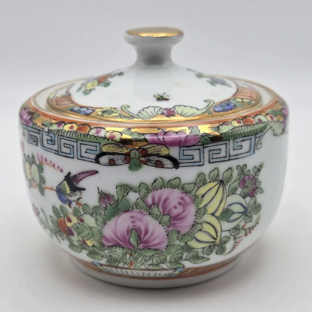 Vintage Cantonese Famille Rose Medallion Porcelain Tea Set Peonies Butterflies